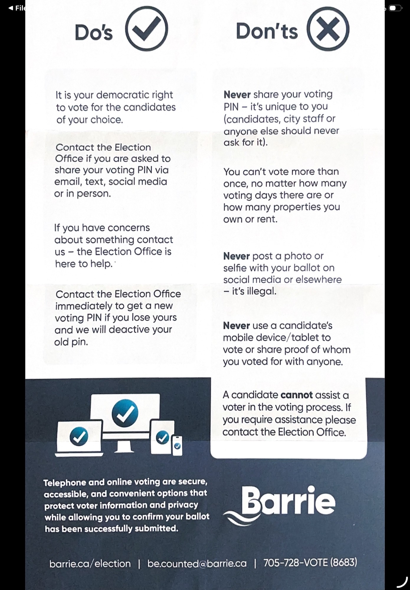 City of Barrie voter guide: Do's and Don'ts, including never sharing your voting PIN and contacting the Election Office for help.
