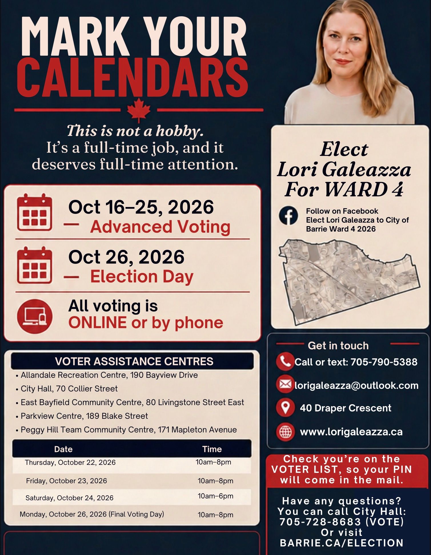 Voter information flyer: Advance Voting Oct 16–25, 2026, Election Day Oct 26, 2026, all voting is online or by phone, Voter Assistance Centre locations and hours, and a reminder to confirm you're on the voters' list so your PIN arrives by mail.